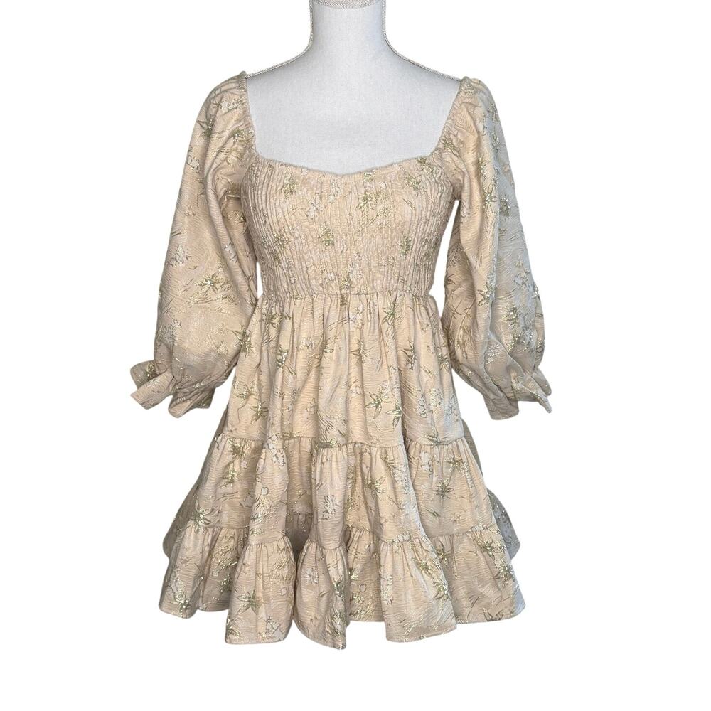 Mabel tan gold detailed smocked mini dress size small